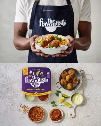 A man holding a bowl of food with a flat lay image below of a meal kit